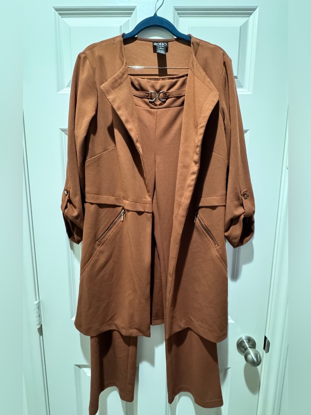 SOHO Women's Brown Open Front Blazer Jacket pant set - Size M